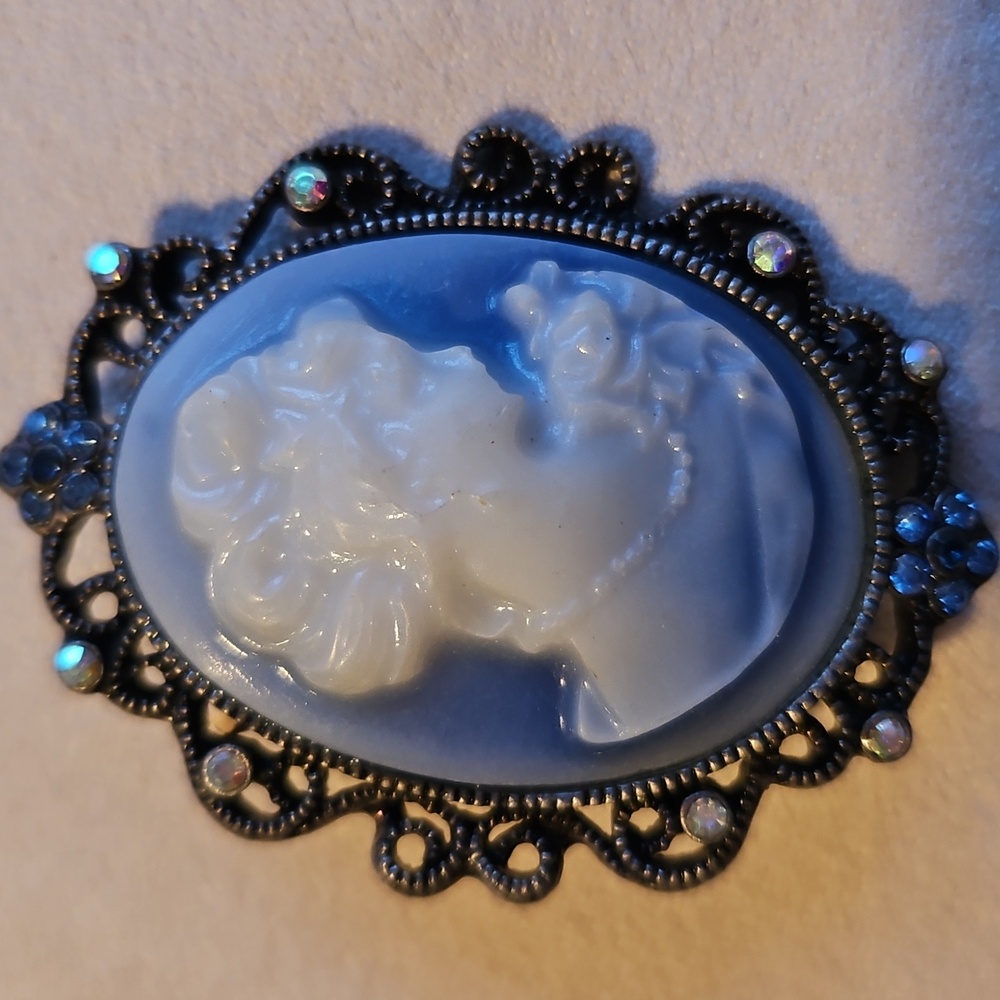 Vintage Victorian Styled Blue & White Cameo 2" Brooch Bronze Tone Filagree Frame